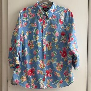 Chaps Blue Bright Floral 3/4 Button-Up  Preppy Shirt SZ XXL